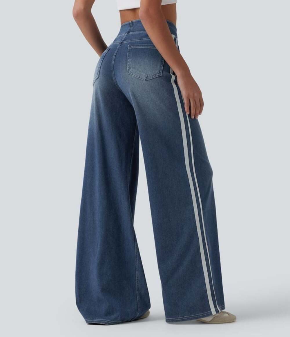 Halara Flex High Waisted Stripe Wide Leg Baggy Jeans Women's Tide Blue Denim - Picture 2 of 8